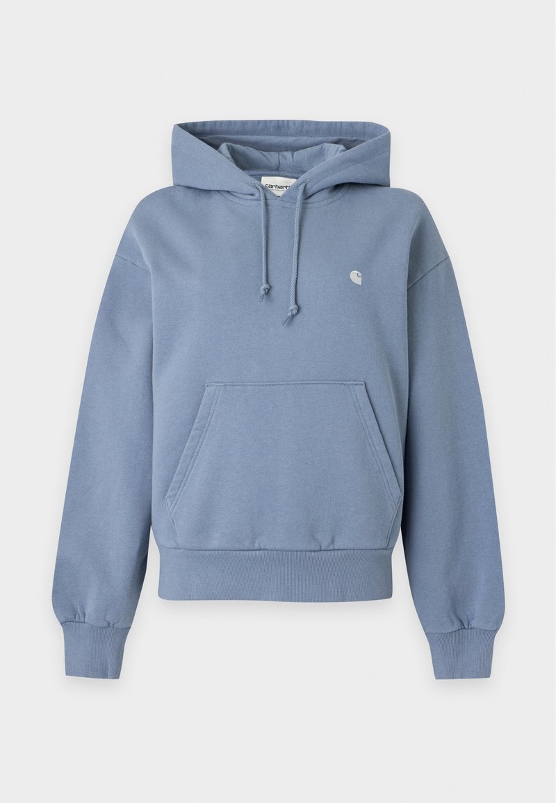 Blue pullover hoodie with front pocket, drawstring hood, ribbed cuffs and hem, and a small white logo on the left chest.