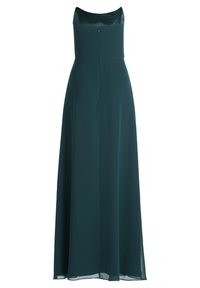 Langes türkisfarbenes Kleid mit einem glatten Satin-Oberteil und einem fließenden Chiffon-Rock, mit einem verdeckten Reißverschluss im Rücken und einem dezenten Ausschnitt.