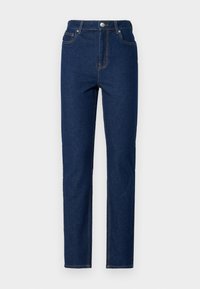 Σκούρο μπλε τζιν παντελόνι με ψηλή μέση, ίσια γραμμή, αντίθετη ραφή, πέντε τσέπες και κλείσιμο με κουμπί και φερμουάρ μπροστά.