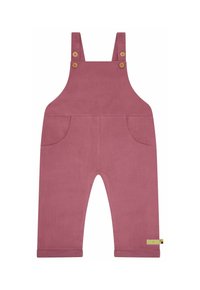 Salopette in corduroy rosa polveroso per bambini, con tasche frontali, bretelle in legno e orli piegati.