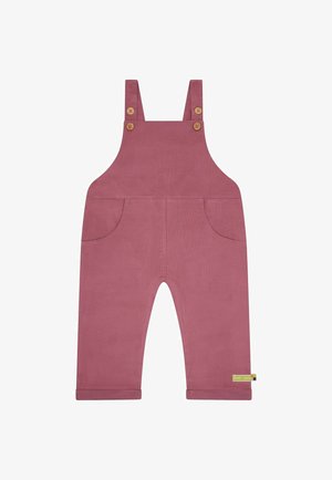Children’s dusty pink corduroy overalls with front pockets, wooden button straps, and folded hems.