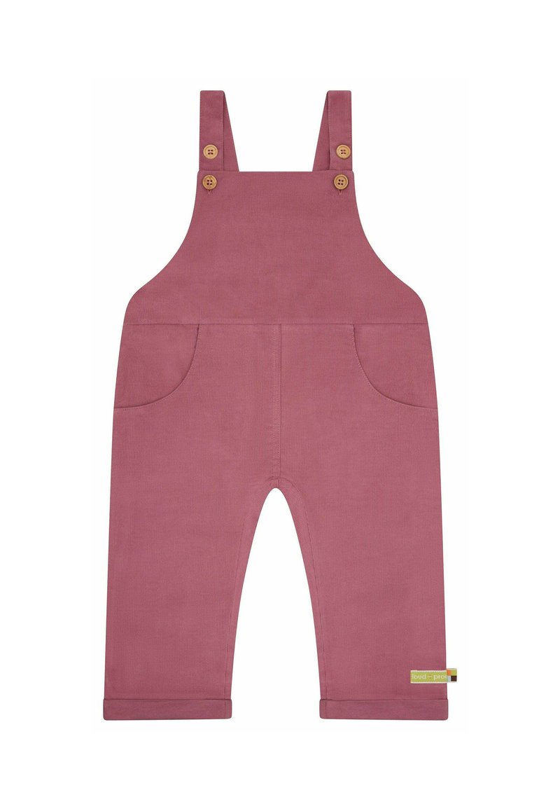 Salopette in corduroy rosa polveroso per bambini, con tasche frontali, bretelle in legno e orli piegati.