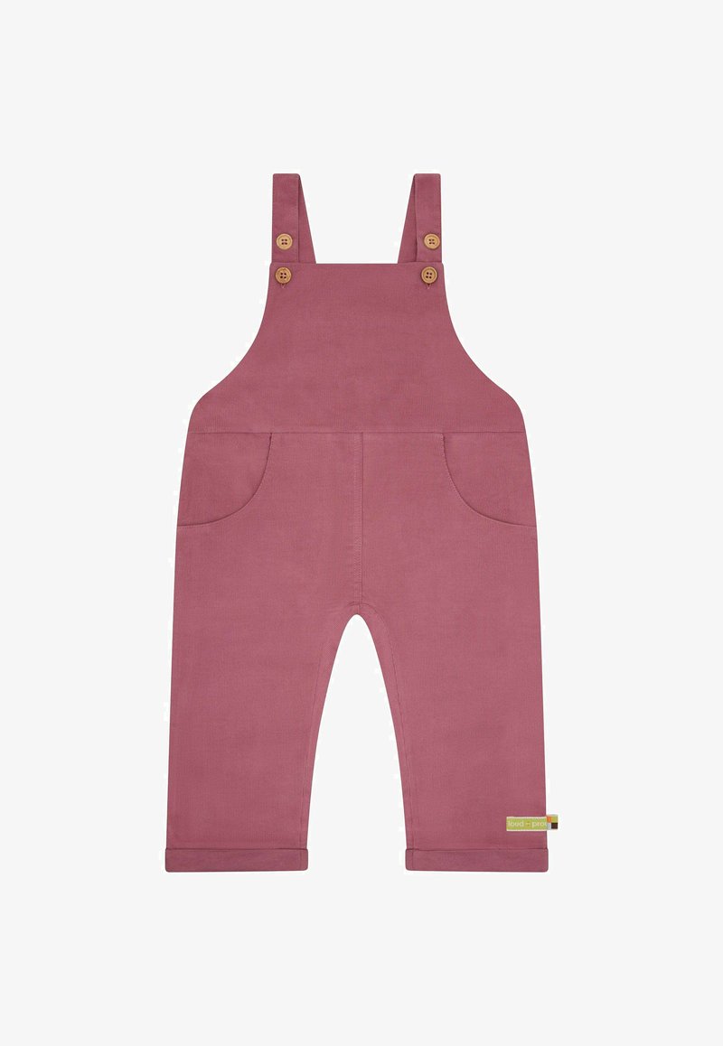Children’s dusty pink corduroy overalls with front pockets, wooden button straps, and folded hems.