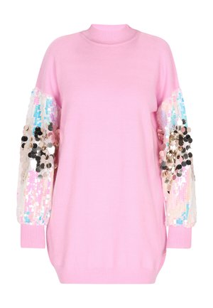 Roze gebreide trui met lange mouwen, versierd met glanzende multicolor pailletten. Het lichaam heeft een ronde halslijn en een ontspannen pasvorm.