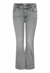 Vaqueros de mezclilla gris claro con cintura de altura media, cierre frontal con botón y cremallera, bolsillos delanteros y traseros, y piernas ligeramente acampanadas.