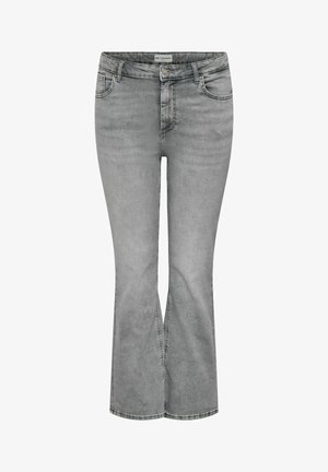 Jasnoszare dżinsy z denimu o średnim stanie, zapinane na guzik i suwak, z przednimi i tylnymi kieszeniami oraz lekko rozkloszowanymi nogawkami.