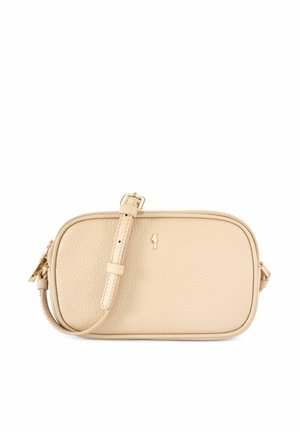 Mała beżowa skórzana torba na ramię z regulowanym paskiem i złotymi elementami na białym tle.