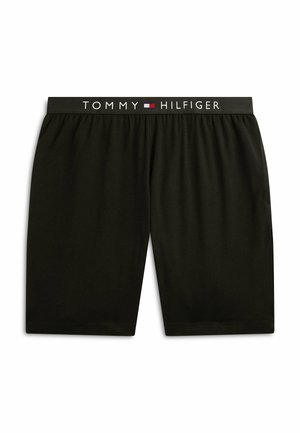 Pantaloncini neri alla lunghezza del ginocchio con cintura elastica e il testo "Tommy Hilfiger" e il logo in bianco, rosso e blu.