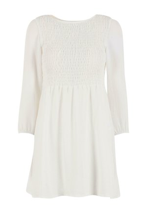 Weißes Kleid mit smockiertem Oberteil und langen, schmalen Ärmeln; aus einem leichten Material mit einem fließenden, knielangen Rock.
