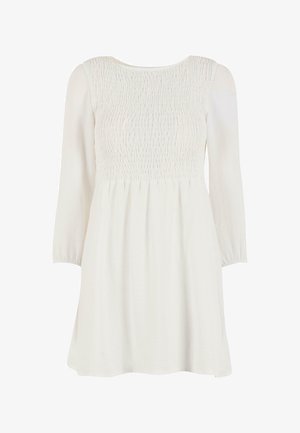 Balta kleita ar gumijotu krūšu daļu un garām, sašaurinātām piedurknēm; izgatavota no viegla materiāla ar plūstošu, ceļu garu svārku.