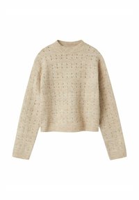 Häkelpullover in cremefarbe mit croppeddem Design, Rundhalsausschnitt, langen Ärmeln und strukturiertem Muster aus kleinen erhabenen Punkten und Streifen.