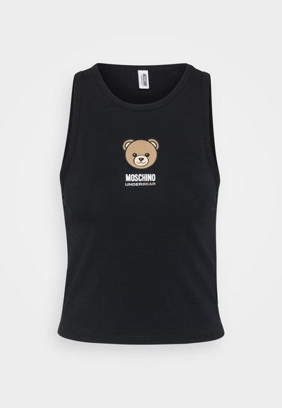 Juodas medvilninis liemenukas, turi rudą meškos grafiką ir baltą tekstą "MOSCHINO UNDERBEAR". Paprastas dizainas su apvaliu iškirpimu.