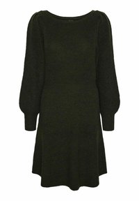 Robe en maille vert foncé, avec un col rond, des manches longues bouffantes et une jupe évasée. Texture douce avec des détails minimaux.