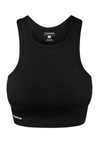 Melnā sporta krūšturis, izgatavots no elastīga materiāla. Tam ir pieguļoša šuve, platas siksnas un apaļa kakla izgriezums. Apakšējā labajā stūrī ir logotips.