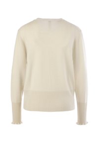 Cremfarbener gestrickter Pullover mit rundem Ausschnitt, gerippten Bündchen und Saum. Sanfte Textur und leicht lockere Passform. Keine sichtbaren Muster oder Logos.