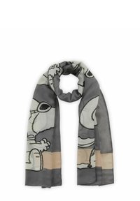 Grijze sjaal met cartoonfiguurontwerp, voorzien van een zachte, doorzichtige textuur. Geaccentueerd met lichtbeige en zwarte omtrekken.
