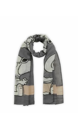 Grijze sjaal met cartoonfiguurontwerp, voorzien van een zachte, doorzichtige textuur. Geaccentueerd met lichtbeige en zwarte omtrekken.