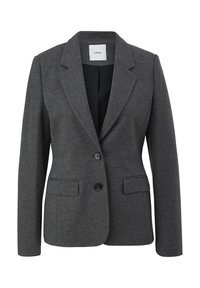 Blazer gris avec un col cranté, une fermeture à un bouton à l'avant et deux poches avant. Fabriqué en tissu texturé avec une finition polie.