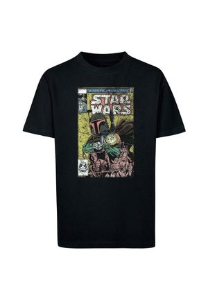 Czarny t-shirt z grafiką w stylu vintage przedstawiającą Bobę Fetta celującego z blastera, z napisem "Star Wars" i detalem hełmu szturmowca.