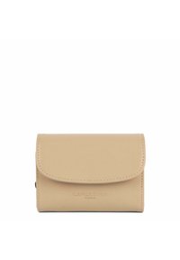 Beige leather wallet with a smooth texture, fold-over flap, and embossed "LANCASTER PARIS" logo on the front. Compact rectangular shape.