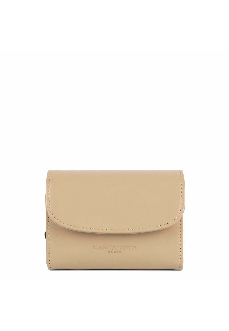 Beige leather wallet with a smooth texture, fold-over flap, and embossed "LANCASTER PARIS" logo on the front. Compact rectangular shape.