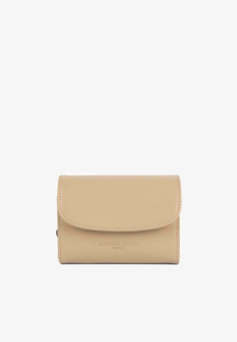 Beige leather wallet with a smooth texture, fold-over flap, and embossed "LANCASTER PARIS" logo on the front. Compact rectangular shape.