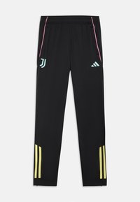 Zwarte sportbroek met een slim fit, voorzien van roze en lichtblauwe accenten, drie gele strepen bij de manchetten en logo-details aan de zijkanten.
