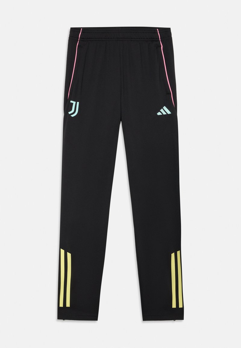 Zwarte sportbroek met een slim fit, voorzien van roze en lichtblauwe accenten, drie gele strepen bij de manchetten en logo-details aan de zijkanten.