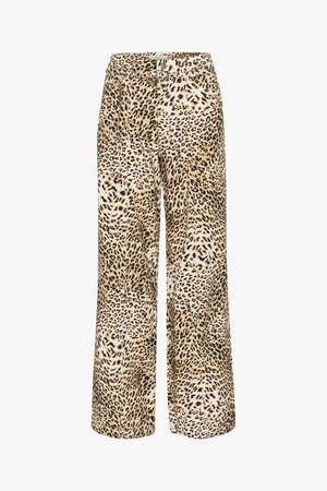 Széles lábú nadrág könnyű anyagból, bézs alapszínnel, fekete és barna leopárdmintázattal. Elöl csat részlet található.