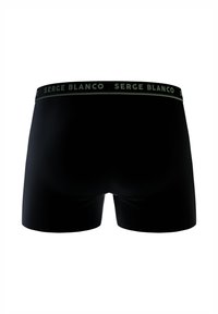 Boxer noir avec une ceinture douce portant le logo "SERGE BLANCO". Texture lisse et design minimaliste sans motifs.