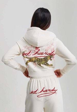 Ed Hardy, WOMENS FLAMING TIGER CROPPED ZIP THRU HOODIE - Sweat zippé - ecru