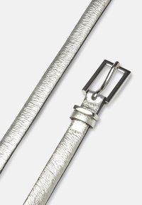 Silver leather belt with a textured finish, featuring a rectangular metal buckle and a loop for securing the end of the strap.