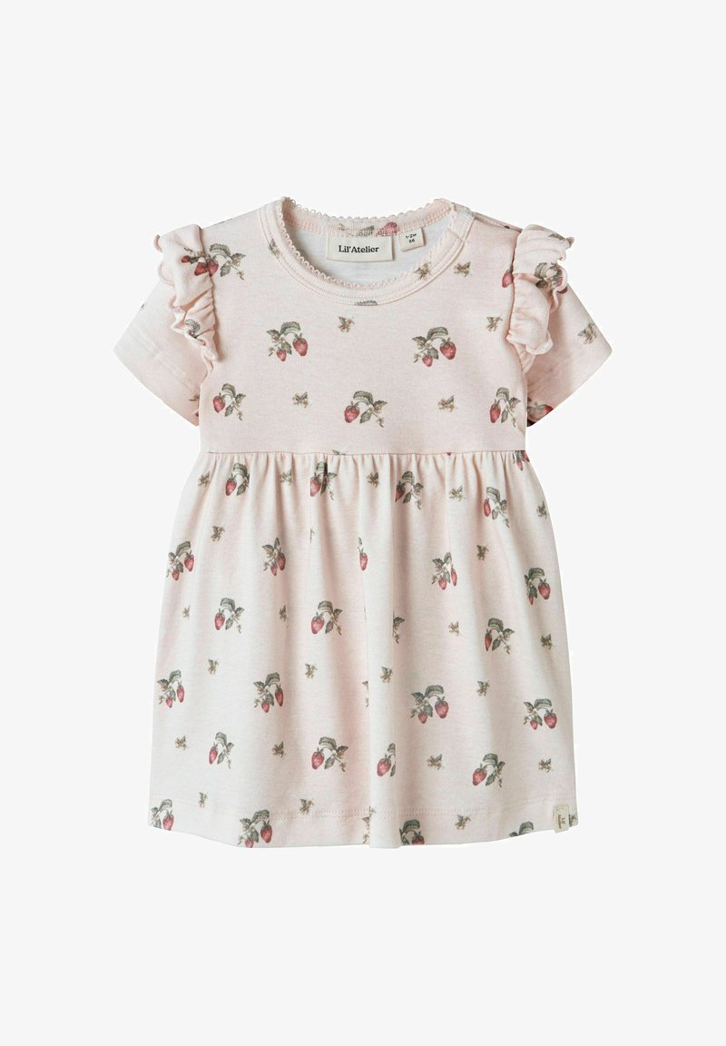 Ροζ ανοιχτό φόρεμα μωρού με κοντά φουσκωτά μανίκια και διασκορπισμένα σχέδια φράουλας και λουλουδιών, με ετικέτα Lil' Atelier, μέγεθος 1-2 μήνες.