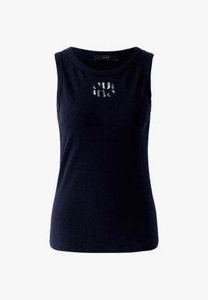 Débardeur bleu marine sans manches avec un col rond, arborant un logo "oui" en sequins sur la poitrine.