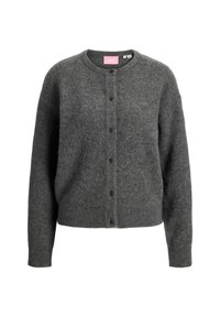 Šedý cardigan vyrobený z měkké směsi vlny, s kulatým výstřihem, dlouhými rukávy a šesti černými knoflíky na přední straně. Lehká textura.