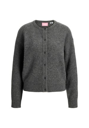 Cardigan grigio realizzato in un morbido misto lana, con scollo rotondo, maniche lunghe e sei bottoni neri lungo la parte anteriore. Tessuto leggero.