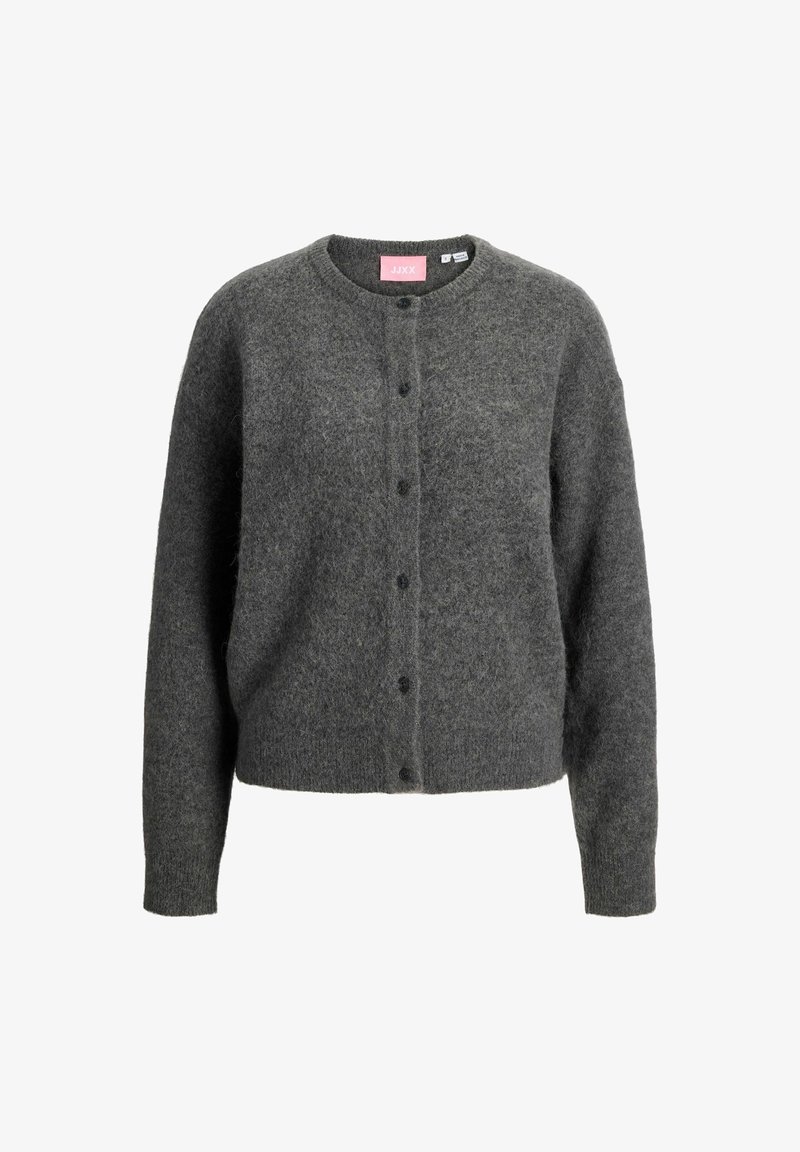 Grå cardigan i mjuk ullblandning, med rund hals, långa ärmar och sex svarta knappar framtill. Lätt vikt.