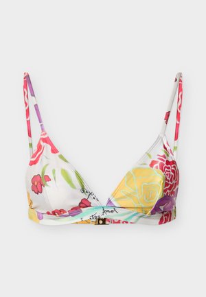 Vrchný diel bikin s kvetinovým trojuholníkovým strihom a nastaviteľnými ramienkami. Vzor pozostáva zo zmesi červených, ružových a žltých kvetov na bielom pozadí, doplnený zlatým zapínaním.