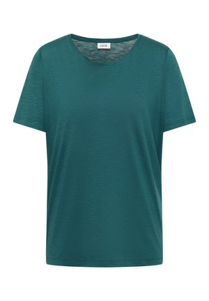 T-shirt à manches courtes, vert sarcelle, col rond, en tissu texturé discret avec une étiquette de marque au col.