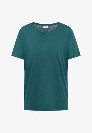 Kurzärmeliges T-Shirt mit Rundhalsausschnitt in dunkelgrün mit einer dezenten, strukturierten Stoffoberfläche und einem Markenlabel am Kragen.