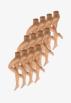 Helle, sheer Strumpfhosen mit hohem Bund, glatter Textur und halbtransparentem Finish, getragen mit einem hellfarbenen Oberteil.