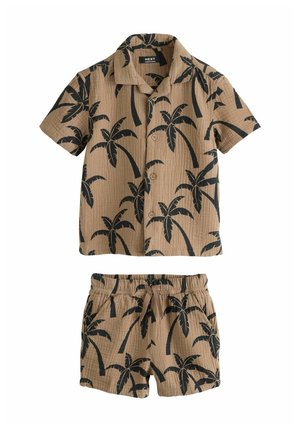 Short-sleeve button-up shirt and elastic waist shorts set in brown with black palm tree prints.