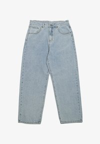 Light blue denim jeans with a loose fit, featuring a high waist, five pockets, and contrasting stitching. Subtle branding on the front.