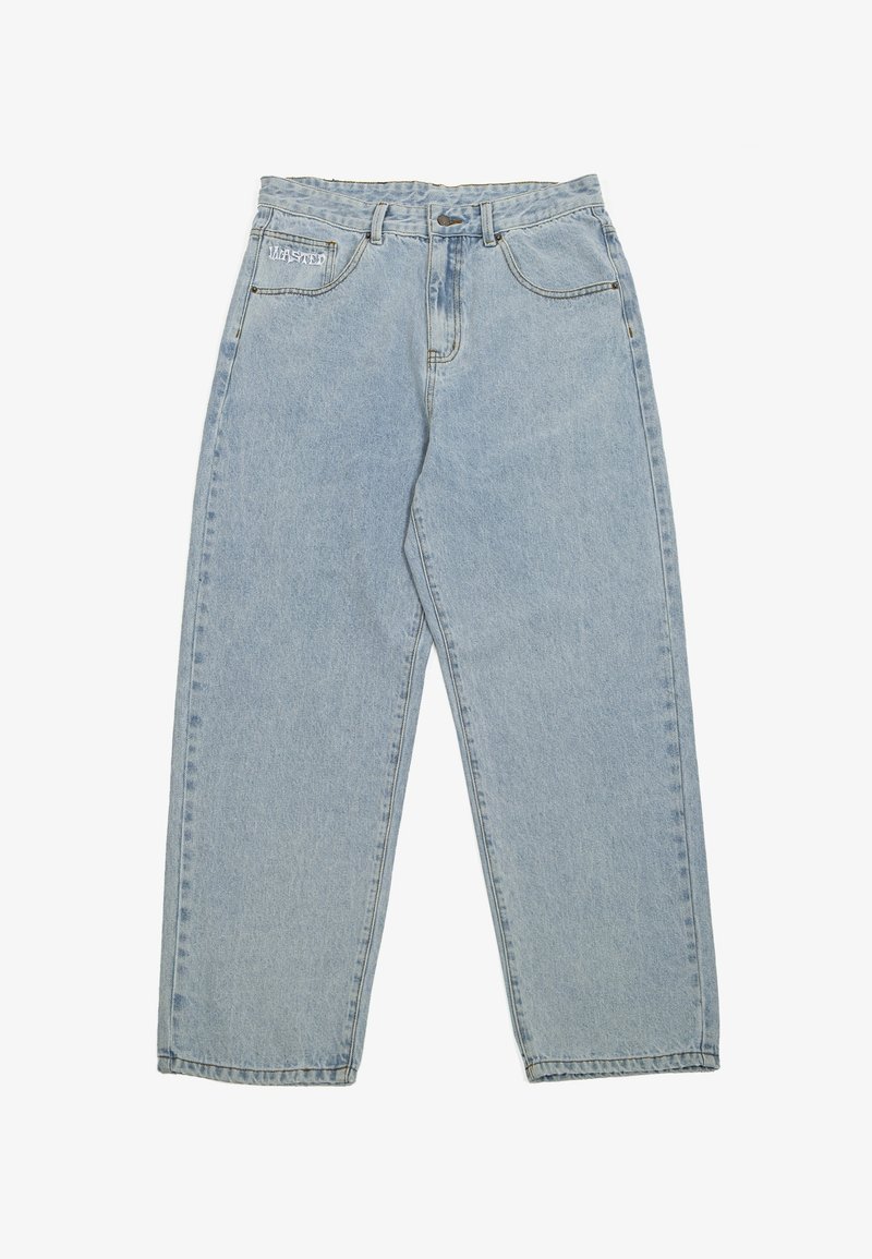 Light blue denim jeans with a loose fit, featuring a high waist, five pockets, and contrasting stitching. Subtle branding on the front.