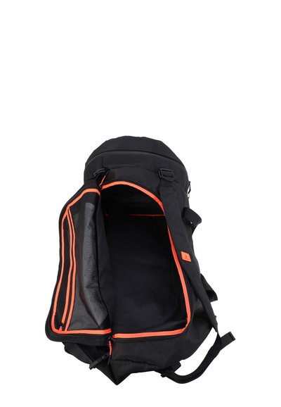 Black duffel bag with orange accents and zippers, featuring a spacious interior and an adjustable strap for carrying. Textured fabric.