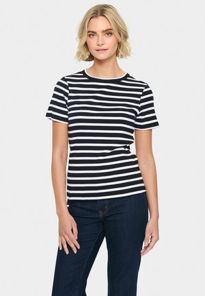 Black and white striped short-sleeve shirt with a crew neckline, made of ribbed fabric, paired with dark blue jeans.