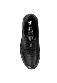 Zapatilla negra con parte superior de cuero suave, con cierre de cremallera en el lateral, cordones y suela texturizada. Logotipo visible en el interior.