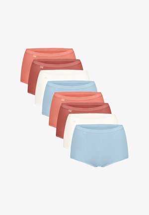Zeven paar dames slips met hoge taille in koraal, roest, wit en lichtblauw, gerangschikt in een verspringende formatie.