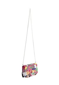Multicolored beaded crossbody bag with a silver chain strap, featuring abstract patterns, textured surface, and floral accents.