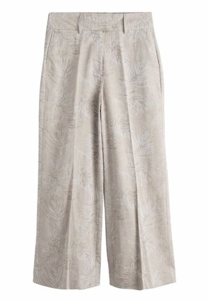 Pantaloni bej cu croială largă, model subtil cu frunze, pliuri frontale și buzunare laterale.